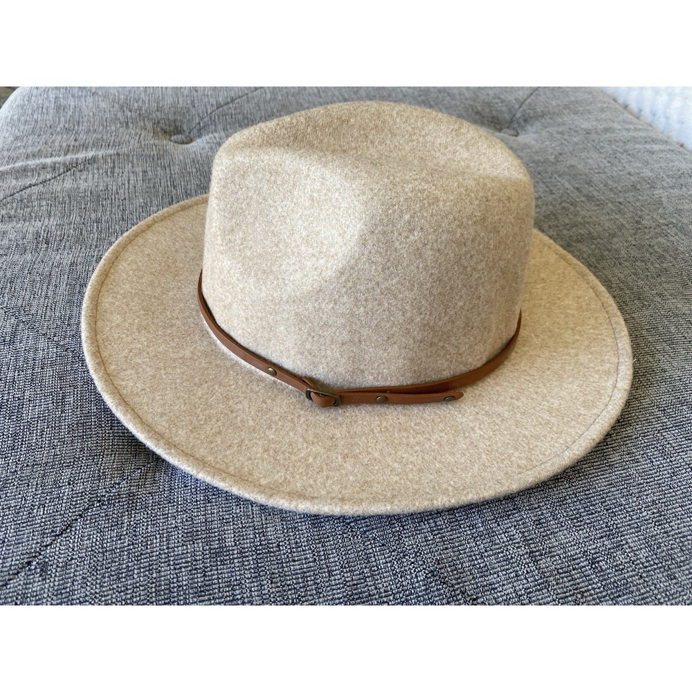 Wool Felt Wide Brim Fedora Hat in Beige with Brown Band